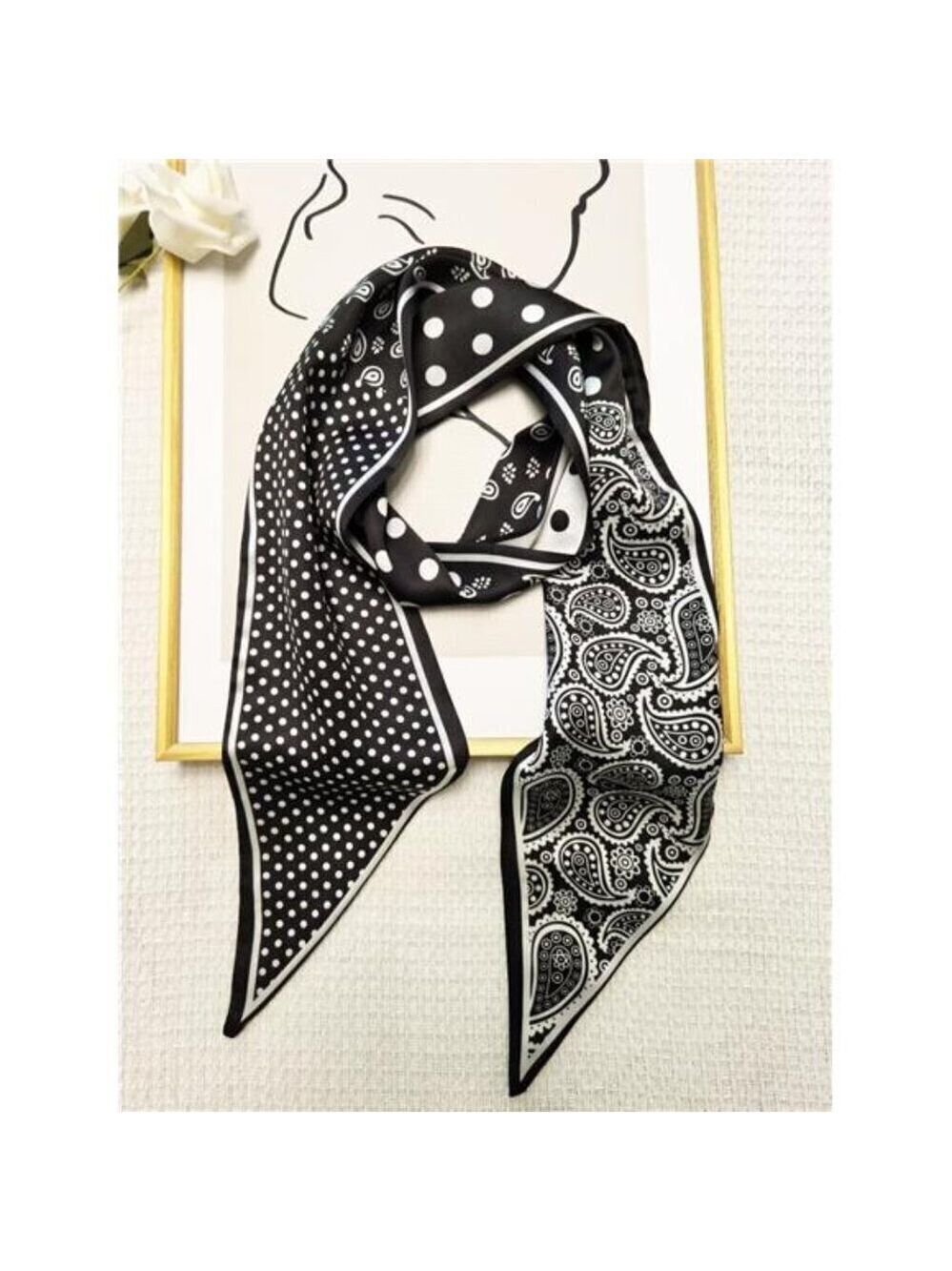 Hair Scarf Black and White Silky Long Neck Head Scarves Purse Bag Scarfs